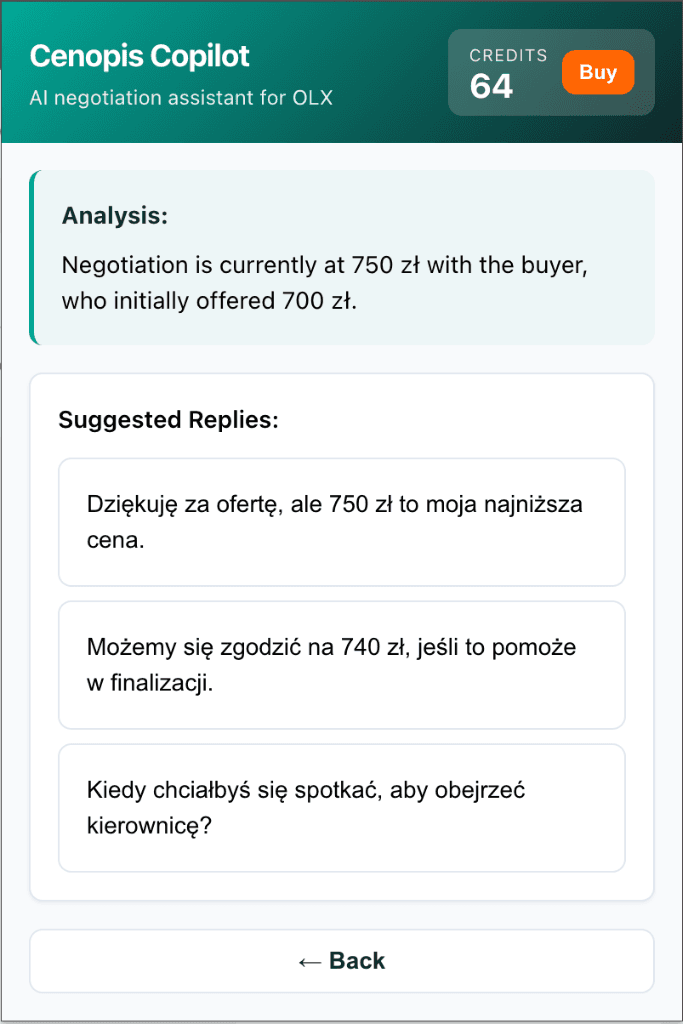 Zrzut ekranu rozszerzenia Cenopis 2
